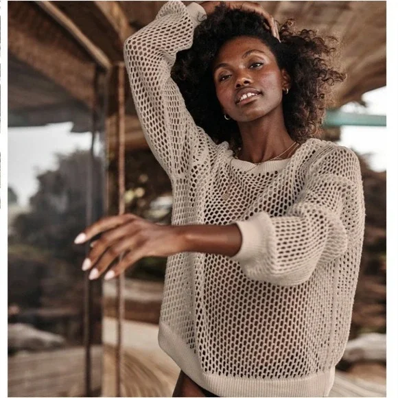 C&C California Fisherman Open Knit Sweater Top Women S Tan Beach Vacation Cruise - Picture 2 of 12